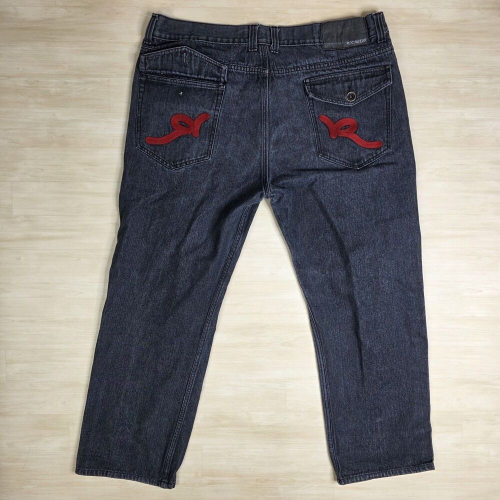 Vintage Y2K Rocawear Baggy Jeans Black Wide Leg Embroidered Skater‎ Size 40 x 30